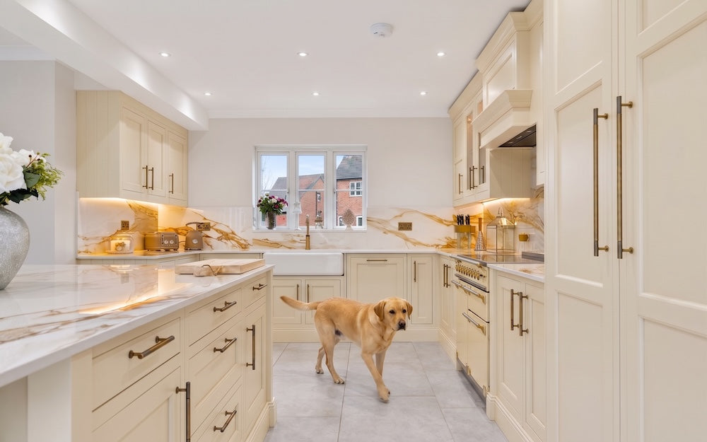 Cream in-frame kitchen with a dog